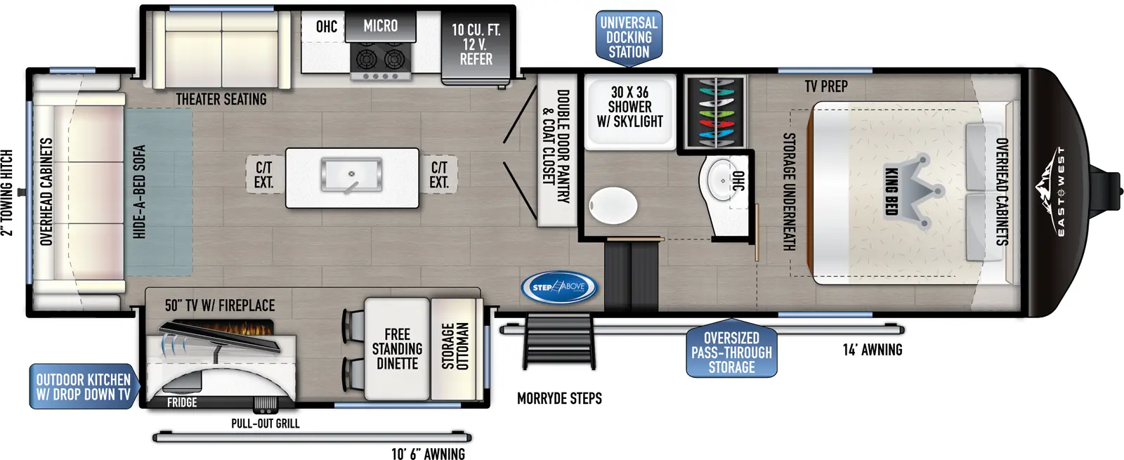 The 28RL-OK has two slideouts and one entry. Exterior features an oversized pass through storage, universal docking station, MORryde Steps, outdoor kitchen with drop-down TV, pull-out grill, and refrigerator, 10 foot 6 inch awning and 14 foot awning, LP quick connect, and 2 inch towing hitch. Interior layout front to back: foot-facing king bed with storage underneath, overhead cabinets, and off-door side closet and TV prep; off-door side full bathroom with overhead cabinet and shower with skylight; steps down to main living area and entry; double door pantry and coat closet along inner wall; off-door side slideout with 12V refrigerator, overhead cabinet, microwave, cooktop, and theater seating; kitchen island with sink and two extensions; door side slideout with free-standing dinette with storage ottoman, and TV with fireplace; rear hide-a-bed sofa with overhead cabinet.